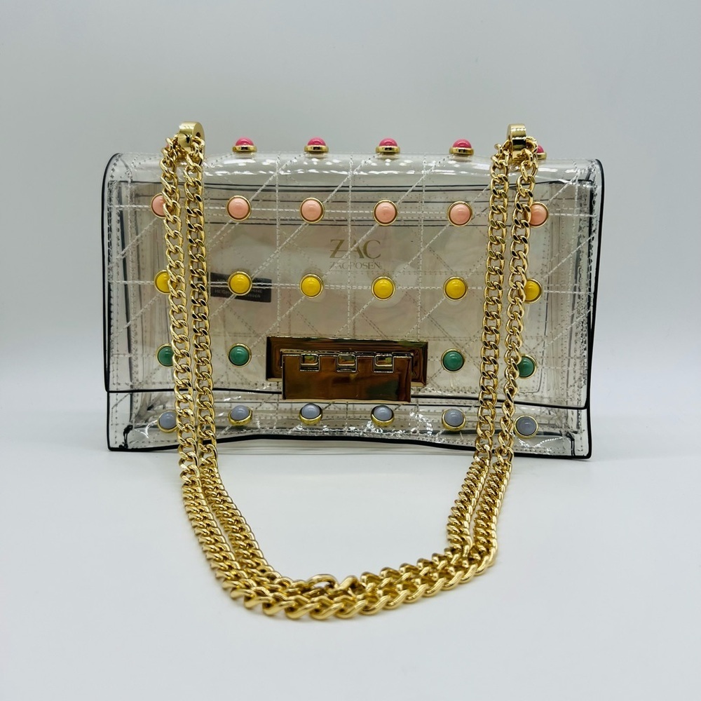 ZAC Zac Posen Clear Earthette Crossbody with Multicolor Studs and Gold Chain